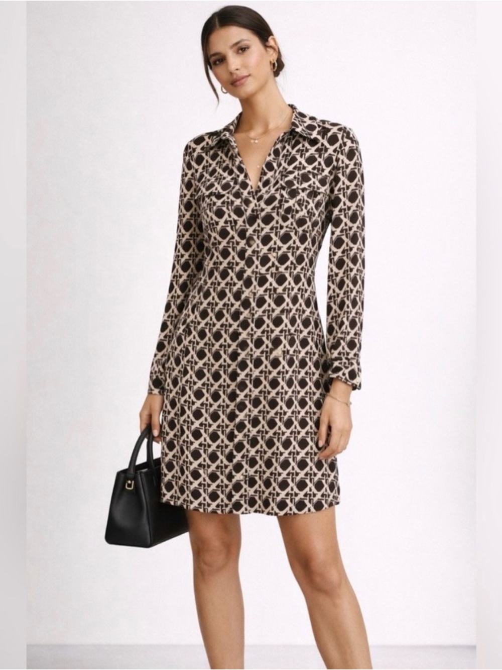 Diane von Furstenberg Silk Shirt Dress Geo Print Black White Size 4 DVF